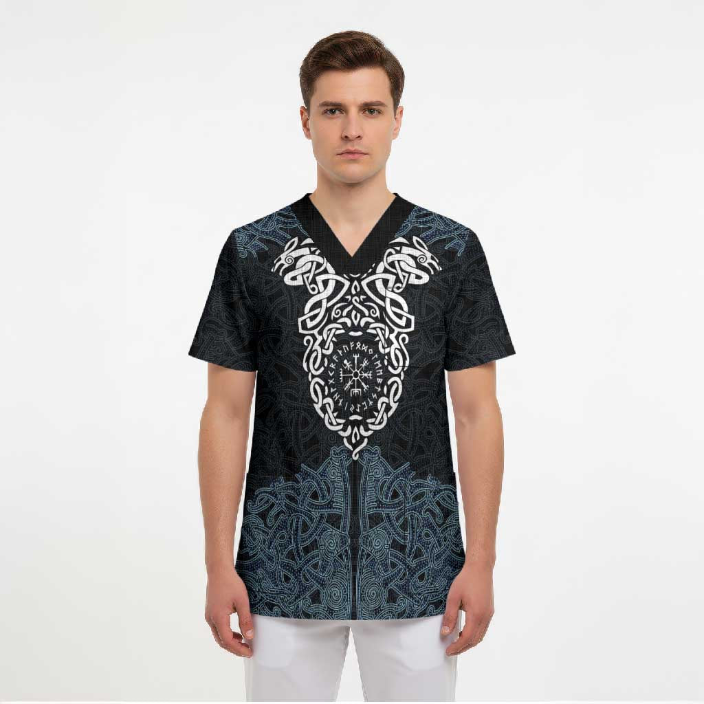 Viking Vegvisir Symbol Scrub Top with Runes and Intricate Knotwork Norse Protection Tribute - Wonder Print Shop