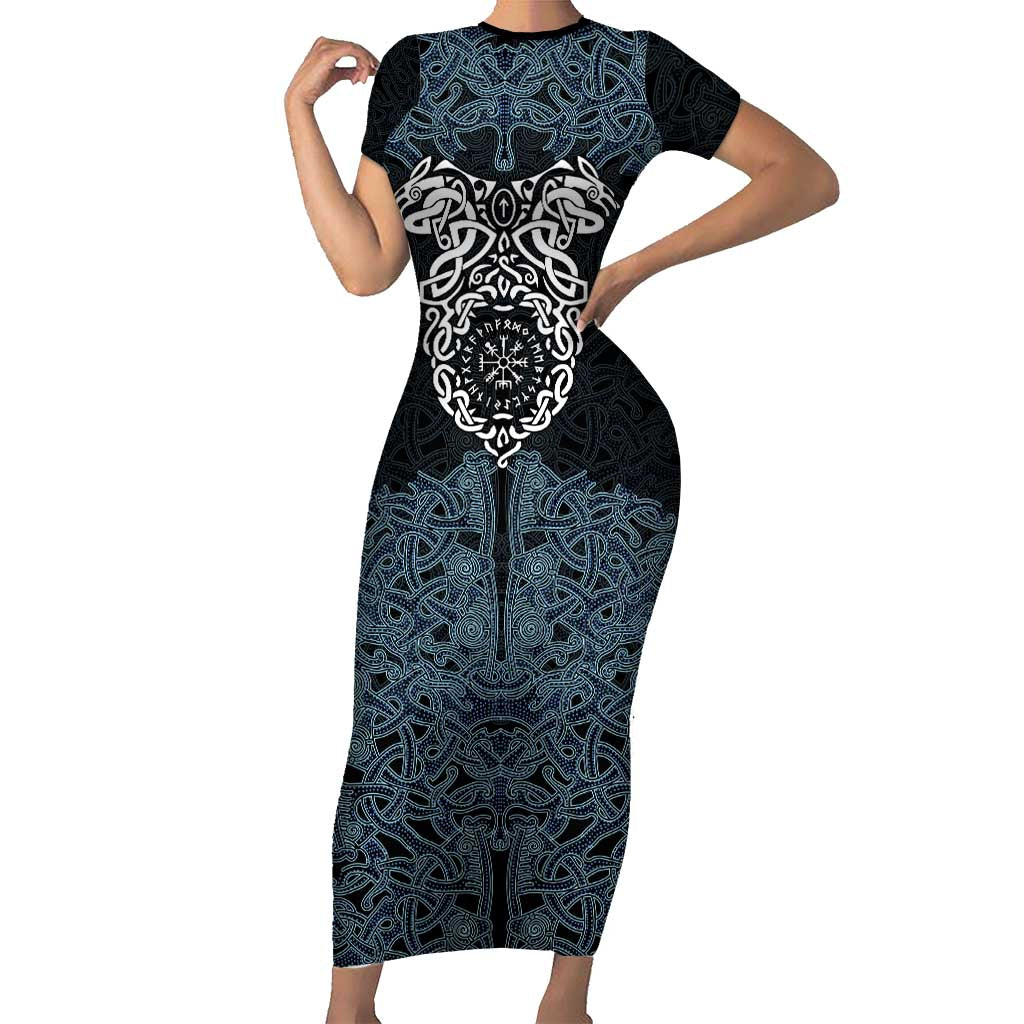 Viking Vegvisir Symbol Short Sleeve Bodycon Dress with Runes and Intricate Knotwork Norse Protection Tribute - Wonder Print Shop