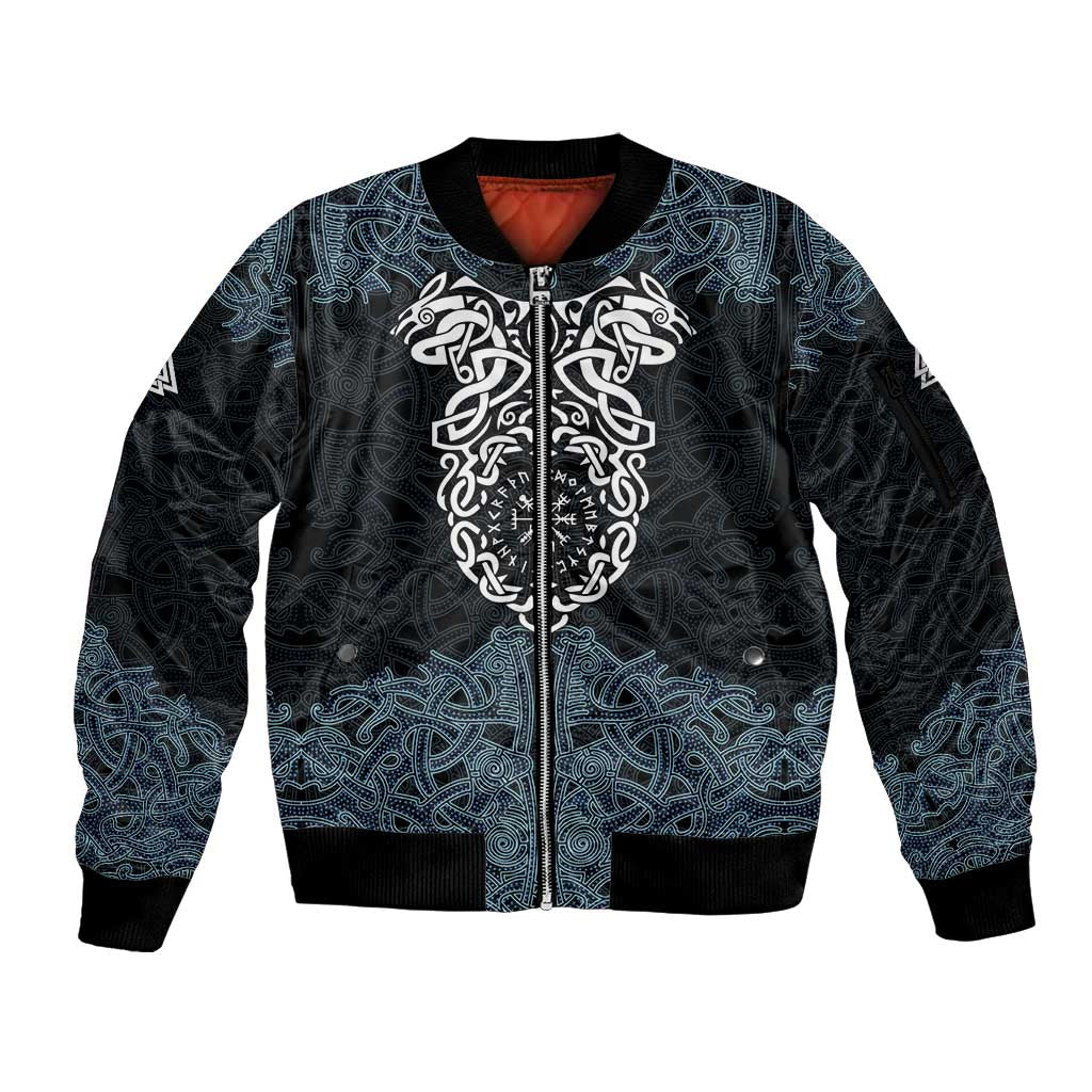 Viking Vegvisir Symbol Sleeve Zip Bomber Jacket with Runes and Intricate Knotwork Norse Protection Tribute - Wonder Print Shop