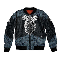 Viking Vegvisir Symbol Sleeve Zip Bomber Jacket with Runes and Intricate Knotwork Norse Protection Tribute - Wonder Print Shop