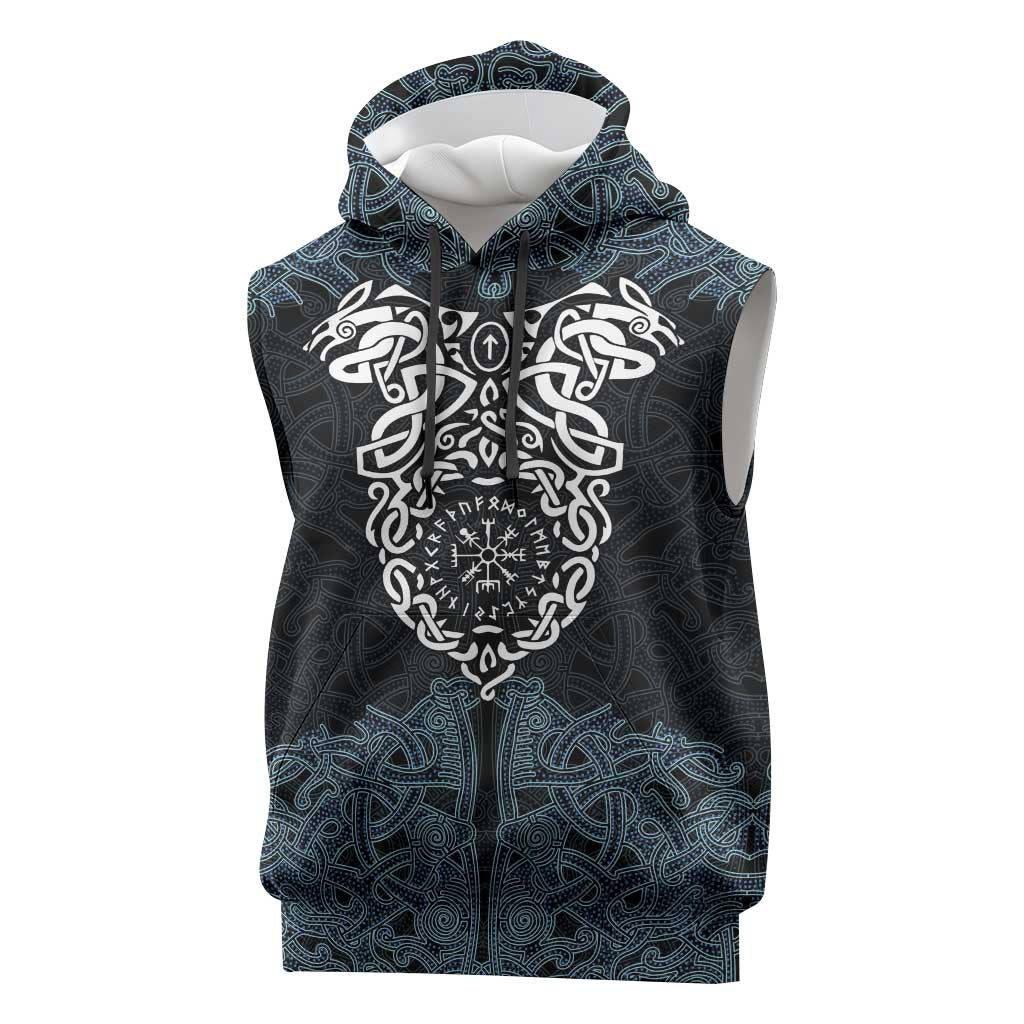 Viking Vegvisir Symbol Sleeveless Hoodie with Runes and Intricate Knotwork Norse Protection Tribute - Wonder Print Shop