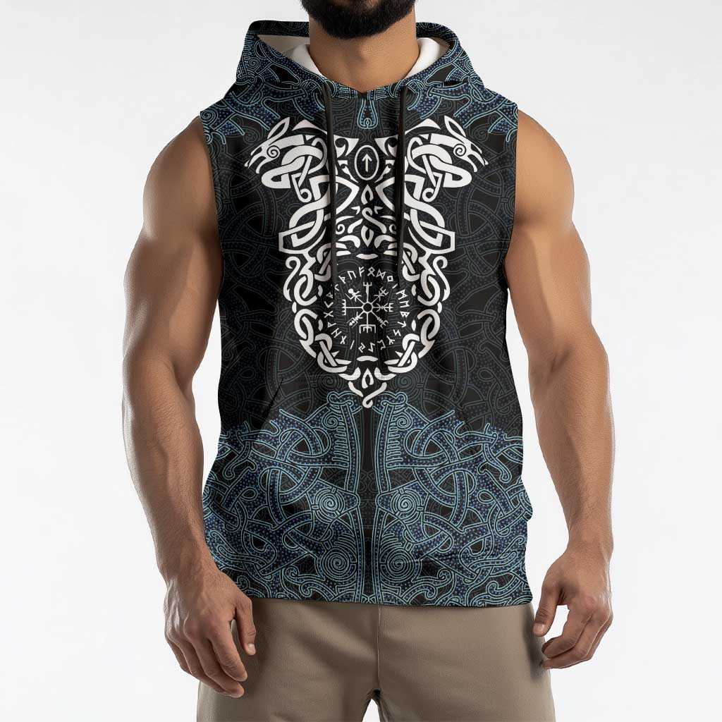 Viking Vegvisir Symbol Sleeveless Hoodie with Runes and Intricate Knotwork Norse Protection Tribute - Wonder Print Shop