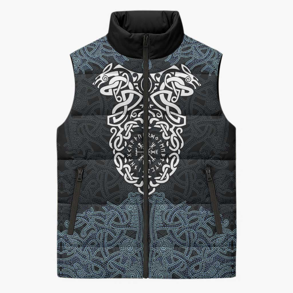 Viking Vegvisir Symbol Sleeveless Puffer Jacket with Runes and Intricate Knotwork Norse Protection Tribute - Wonder Print Shop
