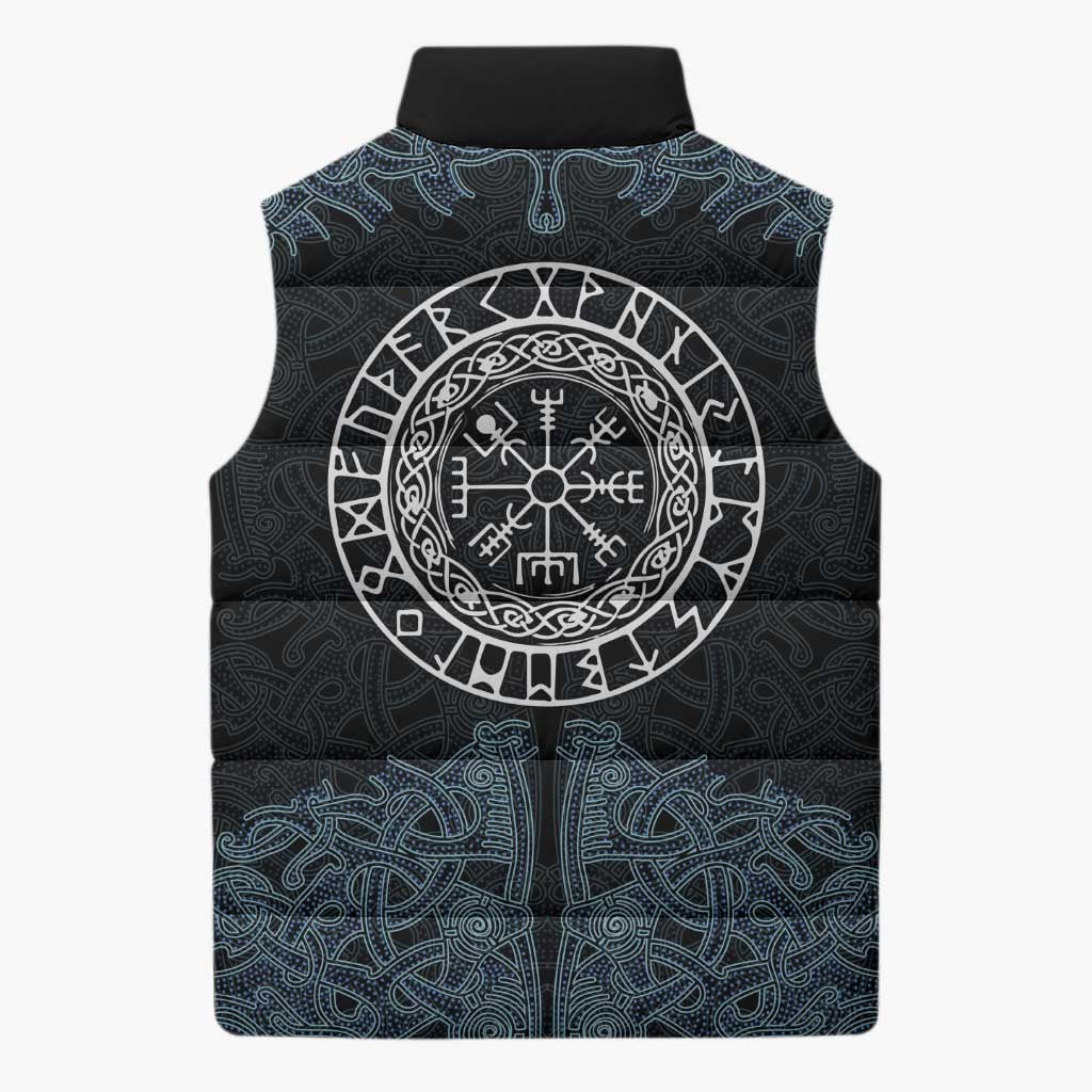 Viking Vegvisir Symbol Sleeveless Puffer Jacket with Runes and Intricate Knotwork Norse Protection Tribute - Wonder Print Shop