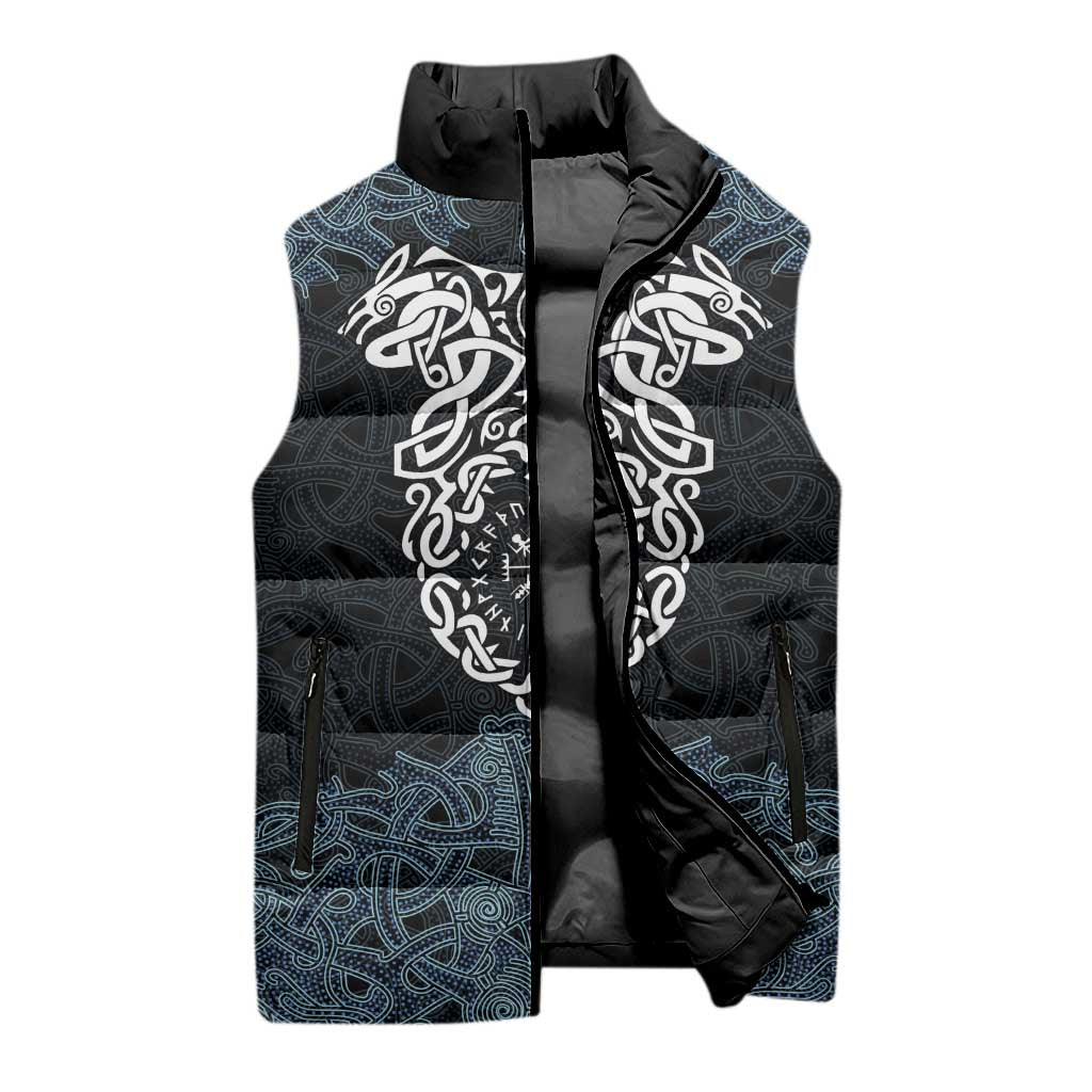 Viking Vegvisir Symbol Sleeveless Puffer Jacket with Runes and Intricate Knotwork Norse Protection Tribute - Wonder Print Shop