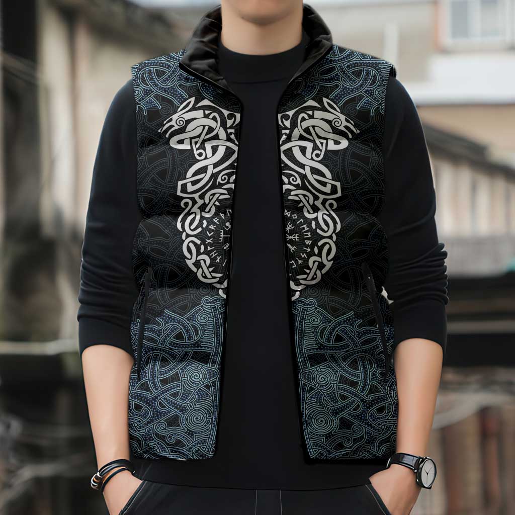 Viking Vegvisir Symbol Sleeveless Puffer Jacket with Runes and Intricate Knotwork Norse Protection Tribute - Wonder Print Shop