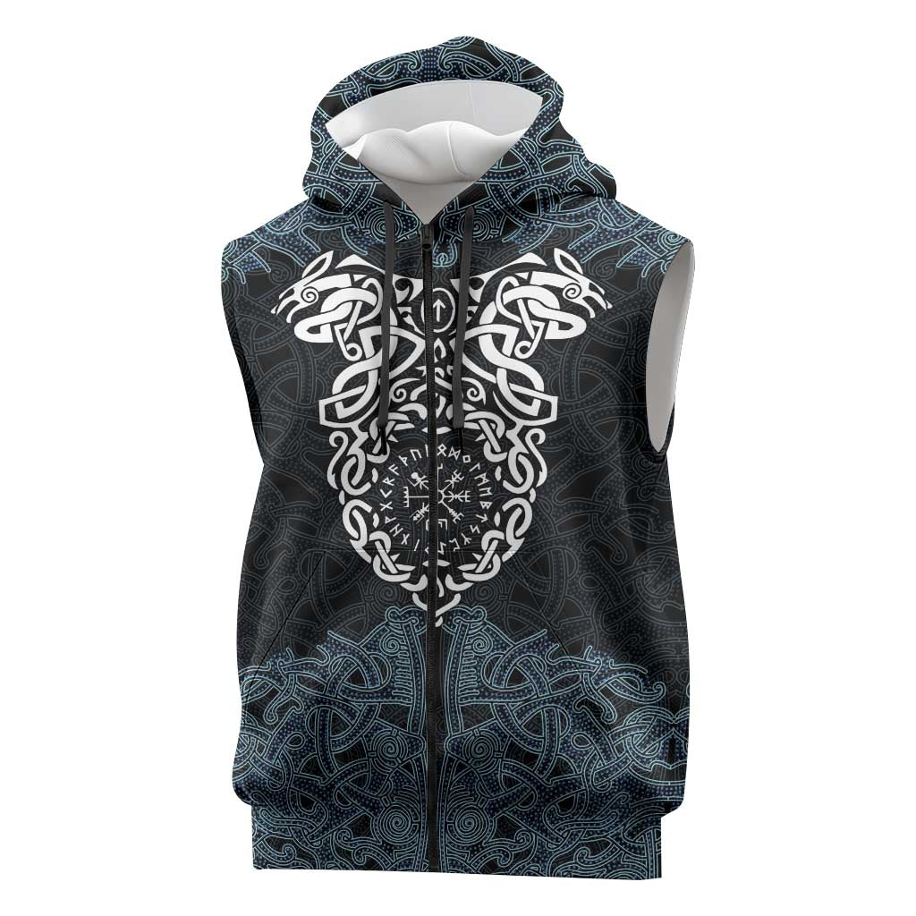 Viking Vegvisir Symbol Sleeveless Zip Hoodie with Runes and Intricate Knotwork Norse Protection Tribute - Wonder Print Shop