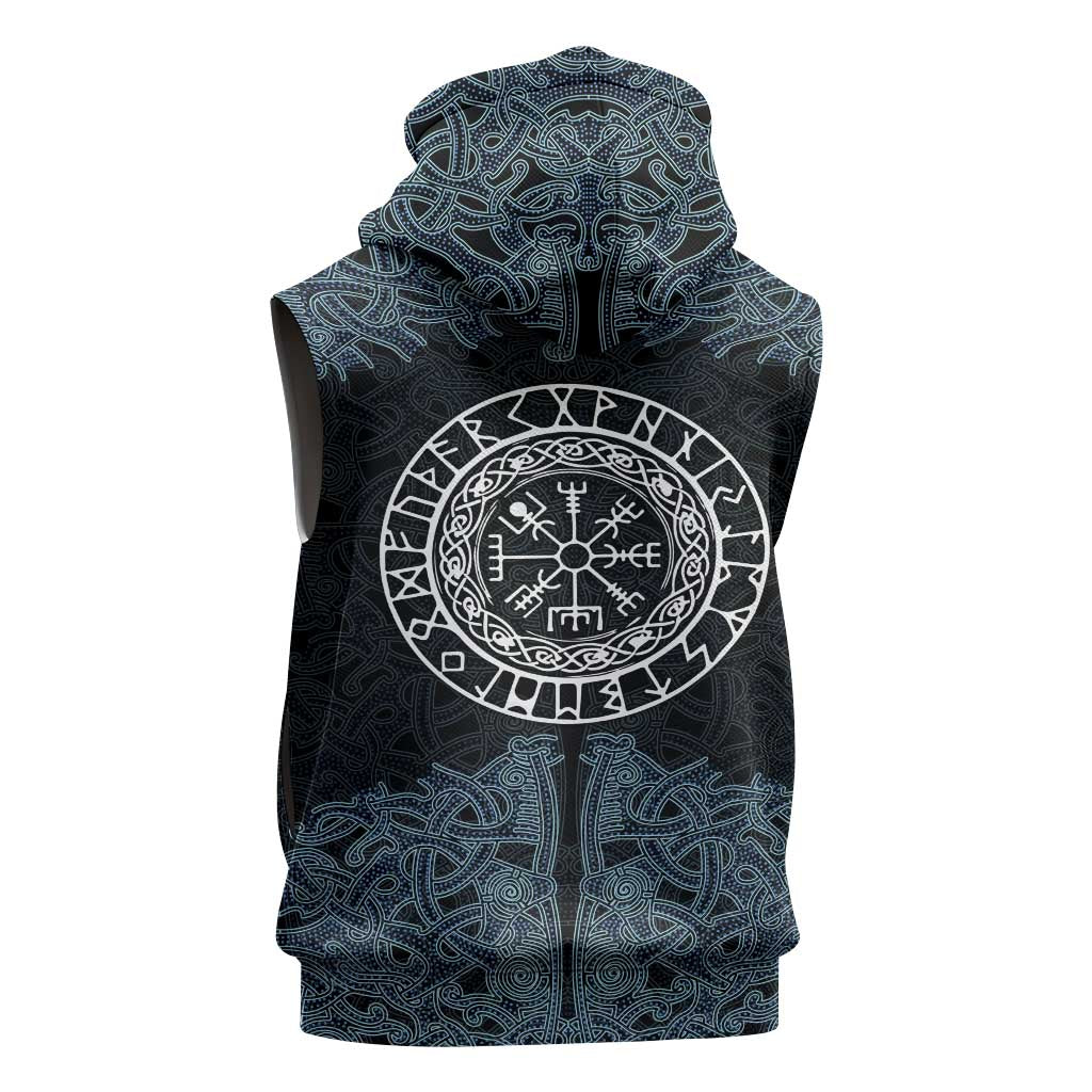 Viking Vegvisir Symbol Sleeveless Zip Hoodie with Runes and Intricate Knotwork Norse Protection Tribute - Wonder Print Shop