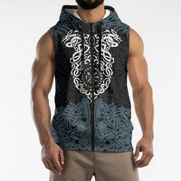 Viking Vegvisir Symbol Sleeveless Zip Hoodie with Runes and Intricate Knotwork Norse Protection Tribute - Wonder Print Shop