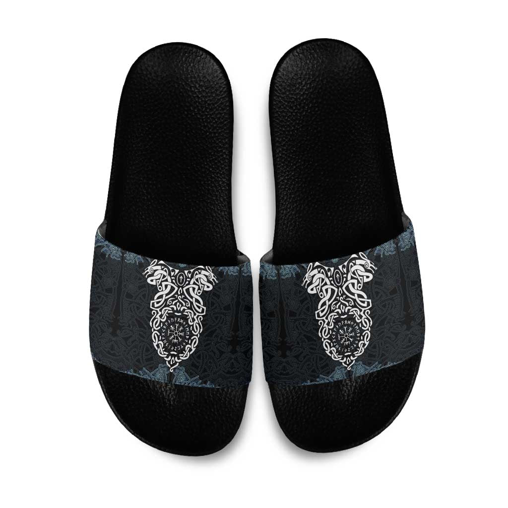 Viking Vegvisir Symbol Slide Sandals with Runes and Intricate Knotwork Norse Protection Tribute - Wonder Print Shop