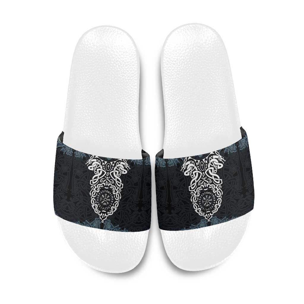 Viking Vegvisir Symbol Slide Sandals with Runes and Intricate Knotwork Norse Protection Tribute - Wonder Print Shop
