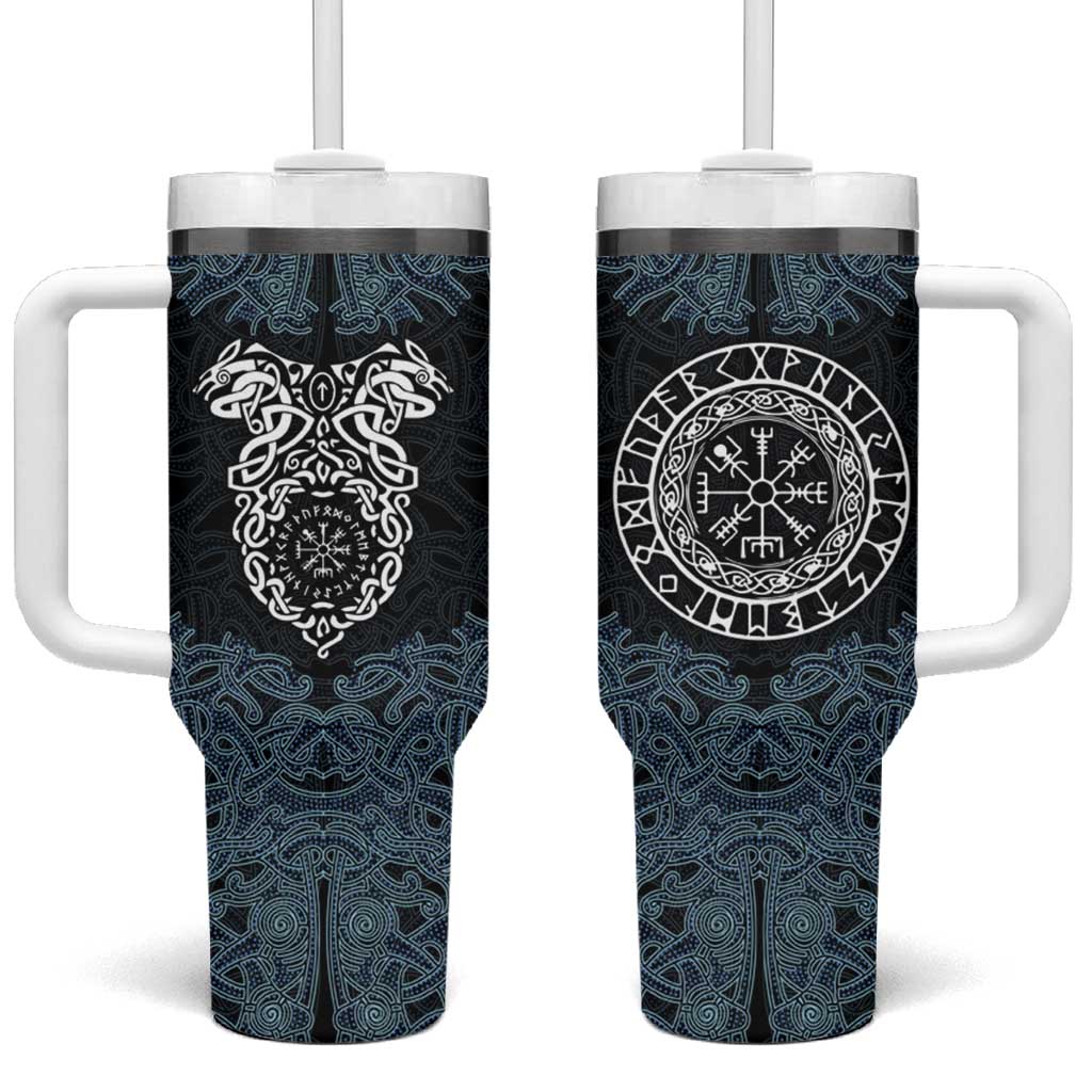 Viking Vegvisir Symbol Tumbler With Handle with Runes and Intricate Knotwork Norse Protection Tribute - Wonder Print Shop