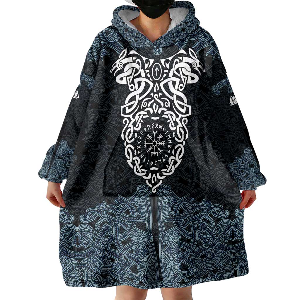Viking Vegvisir Symbol Wearable Blanket Hoodie with Runes and Intricate Knotwork Norse Protection Tribute - Wonder Print Shop