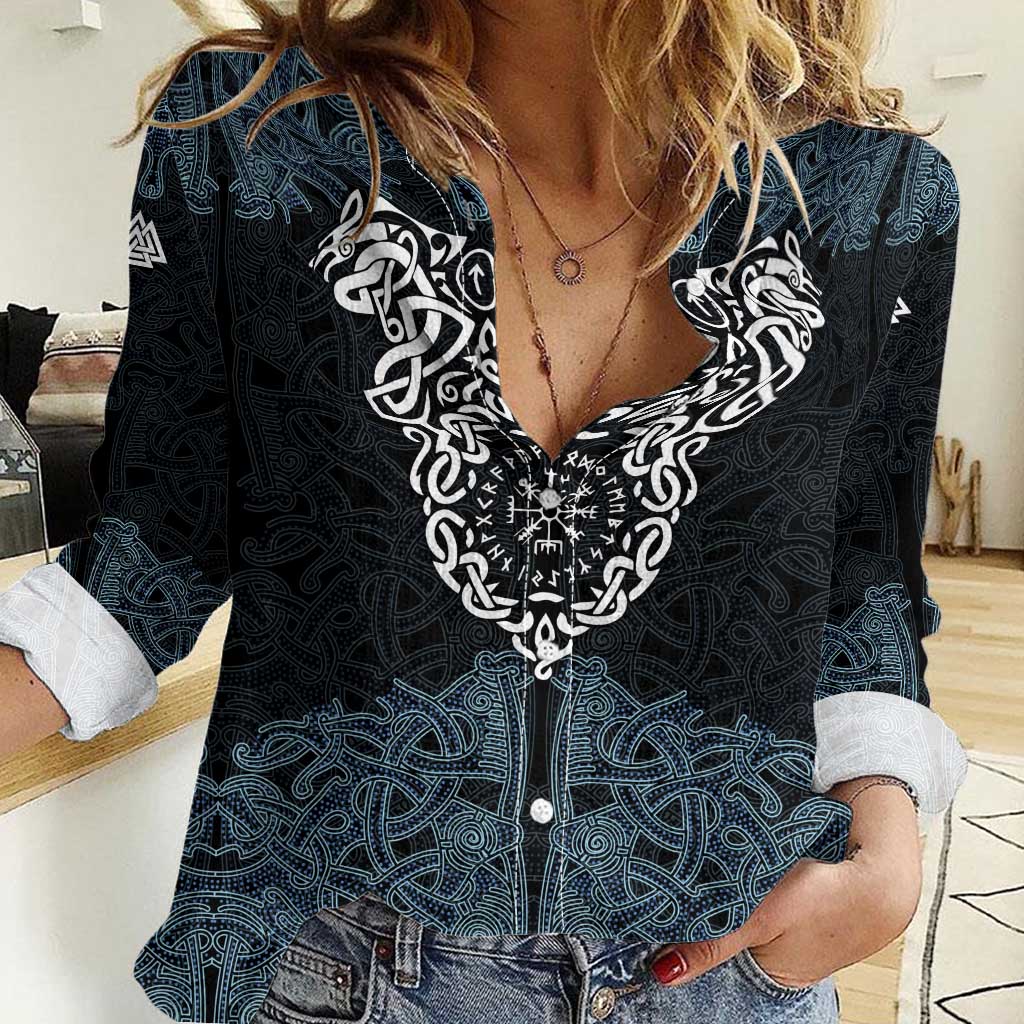 Viking Vegvisir Symbol Women Casual Shirt with Runes and Intricate Knotwork Norse Protection Tribute - Wonder Print Shop
