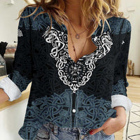 Viking Vegvisir Symbol Women Casual Shirt with Runes and Intricate Knotwork Norse Protection Tribute - Wonder Print Shop