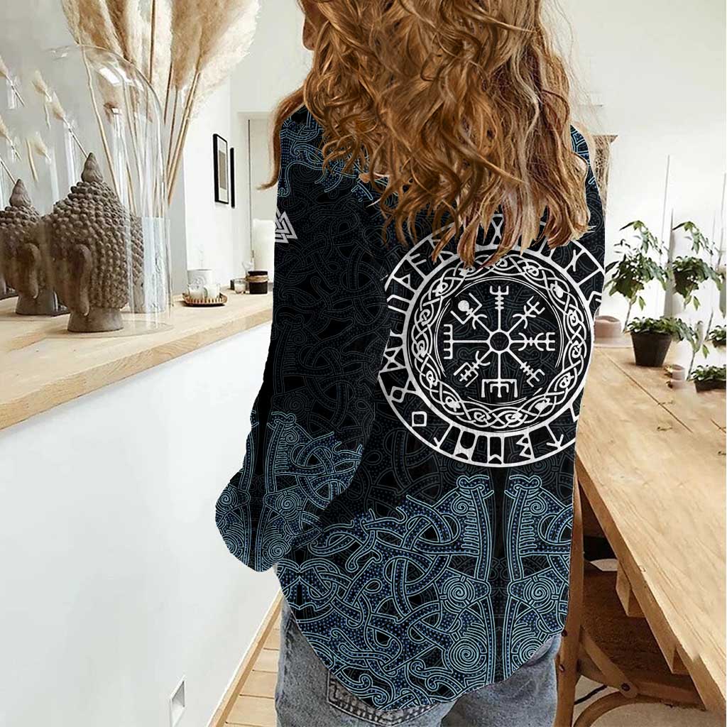 Viking Vegvisir Symbol Women Casual Shirt with Runes and Intricate Knotwork Norse Protection Tribute - Wonder Print Shop