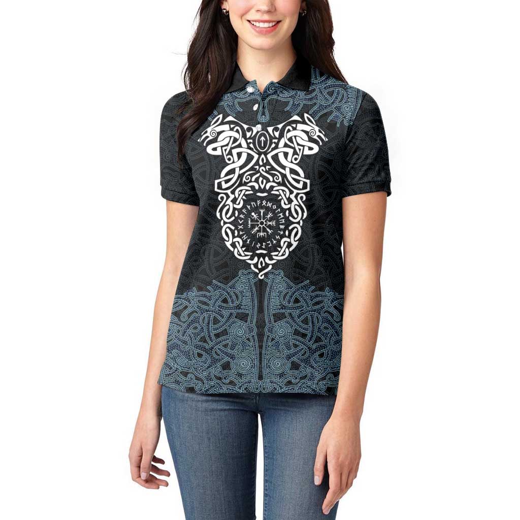 Viking Vegvisir Symbol Women Polo Shirt with Runes and Intricate Knotwork Norse Protection Tribute - Wonder Print Shop
