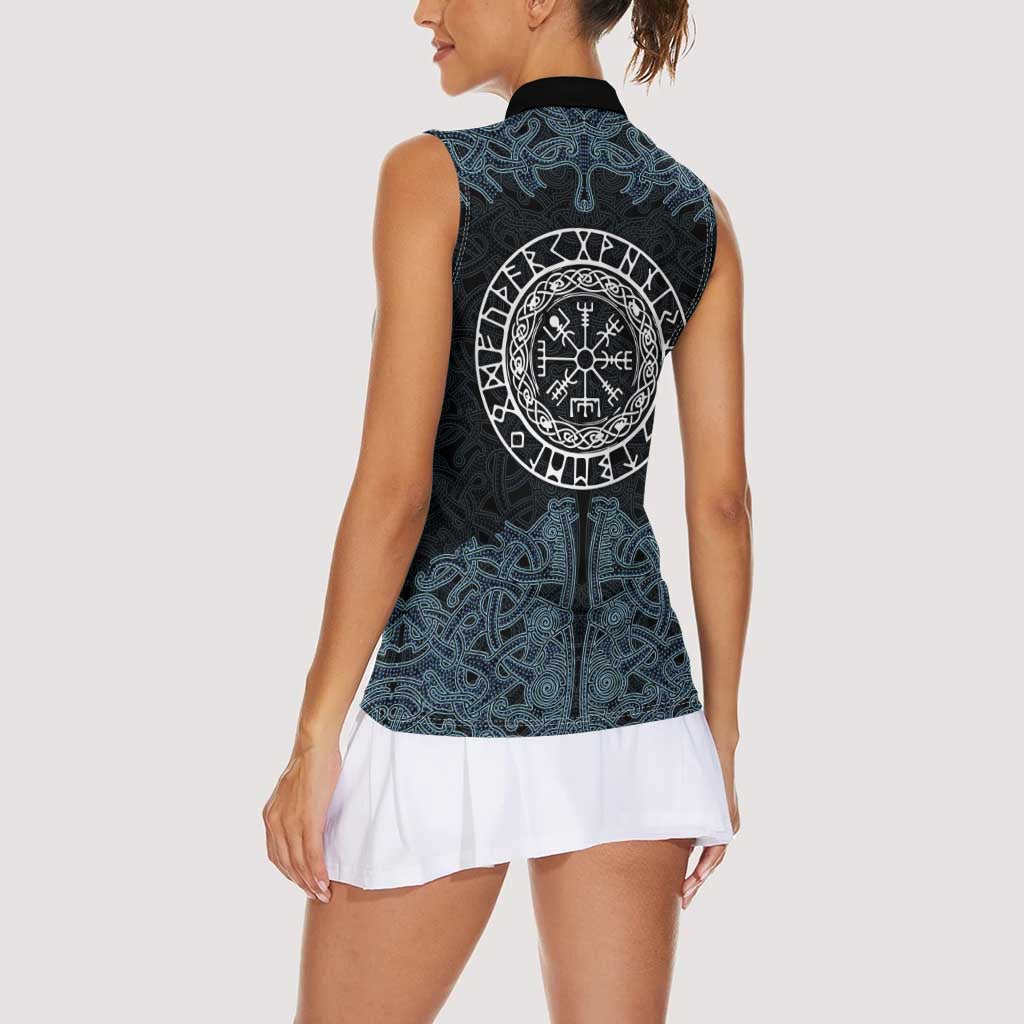 Viking Vegvisir Symbol Women Sleeveless Polo Shirt with Runes and Intricate Knotwork Norse Protection Tribute - Wonder Print Shop
