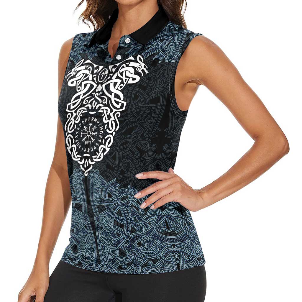 Viking Vegvisir Symbol Women Sleeveless Polo Shirt with Runes and Intricate Knotwork Norse Protection Tribute - Wonder Print Shop