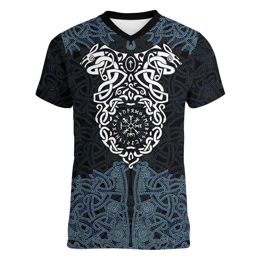 Viking Vegvisir Symbol Women V-Neck T-Shirt with Runes and Intricate Knotwork Norse Protection Tribute - Wonder Print Shop