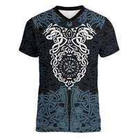 Viking Vegvisir Symbol Women V-Neck T-Shirt with Runes and Intricate Knotwork Norse Protection Tribute - Wonder Print Shop