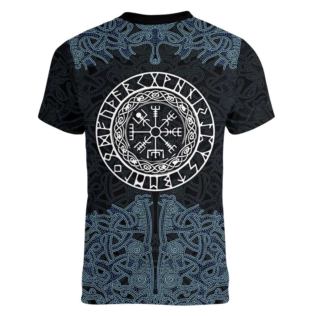 Viking Vegvisir Symbol Women V-Neck T-Shirt with Runes and Intricate Knotwork Norse Protection Tribute - Wonder Print Shop