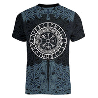 Viking Vegvisir Symbol Women V-Neck T-Shirt with Runes and Intricate Knotwork Norse Protection Tribute - Wonder Print Shop