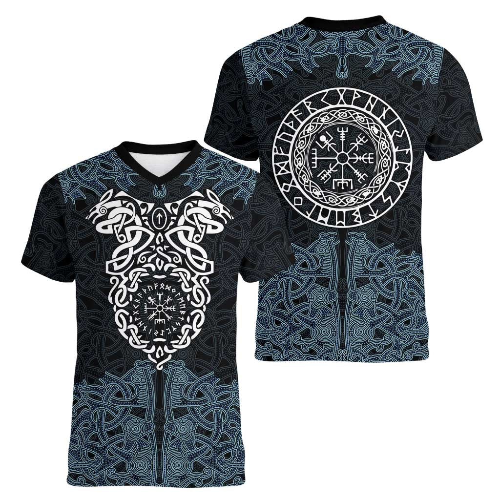 Viking Vegvisir Symbol Women V-Neck T-Shirt with Runes and Intricate Knotwork Norse Protection Tribute - Wonder Print Shop