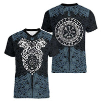 Viking Vegvisir Symbol Women V-Neck T-Shirt with Runes and Intricate Knotwork Norse Protection Tribute - Wonder Print Shop