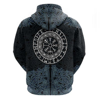 Viking Vegvisir Symbol Zip Hoodie with Runes and Intricate Knotwork Norse Protection Tribute - Wonder Print Shop