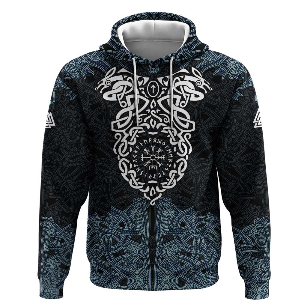 Viking Vegvisir Symbol Zip Hoodie with Runes and Intricate Knotwork Norse Protection Tribute - Wonder Print Shop