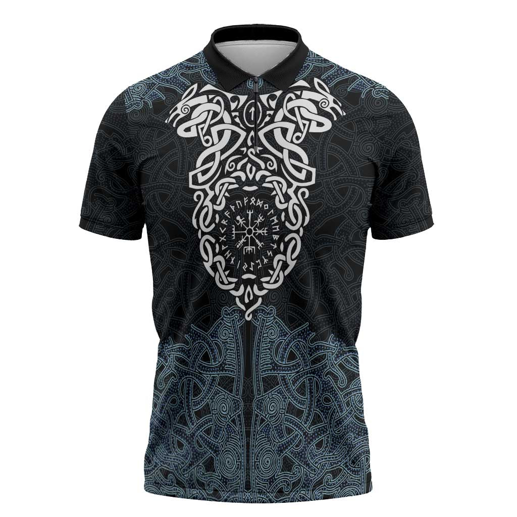 Viking Vegvisir Symbol Zipper Polo Shirt with Runes and Intricate Knotwork Norse Protection Tribute - Wonder Print Shop