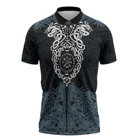 Viking Vegvisir Symbol Zipper Polo Shirt with Runes and Intricate Knotwork Norse Protection Tribute - Wonder Print Shop