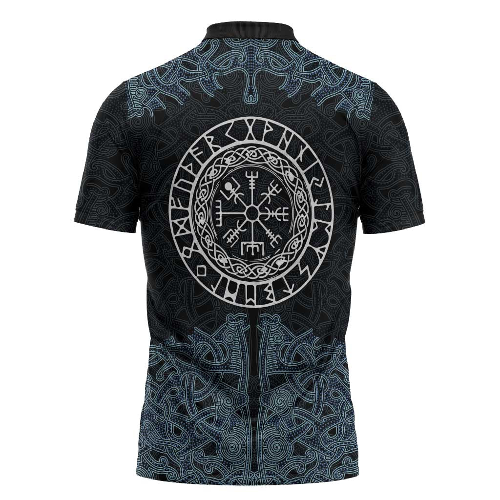 Viking Vegvisir Symbol Zipper Polo Shirt with Runes and Intricate Knotwork Norse Protection Tribute - Wonder Print Shop