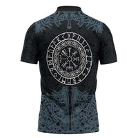 Viking Vegvisir Symbol Zipper Polo Shirt with Runes and Intricate Knotwork Norse Protection Tribute - Wonder Print Shop