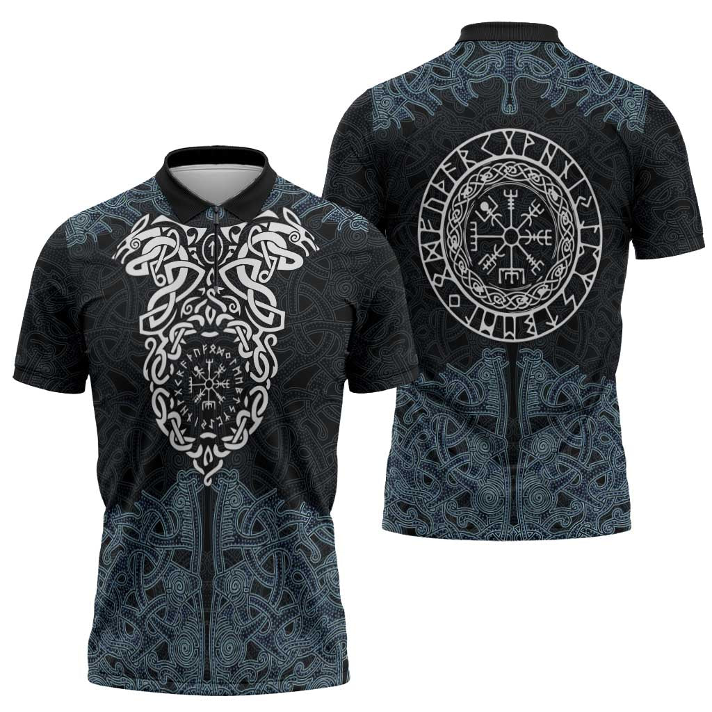 Viking Vegvisir Symbol Zipper Polo Shirt with Runes and Intricate Knotwork Norse Protection Tribute - Wonder Print Shop