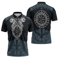 Viking Vegvisir Symbol Zipper Polo Shirt with Runes and Intricate Knotwork Norse Protection Tribute - Wonder Print Shop