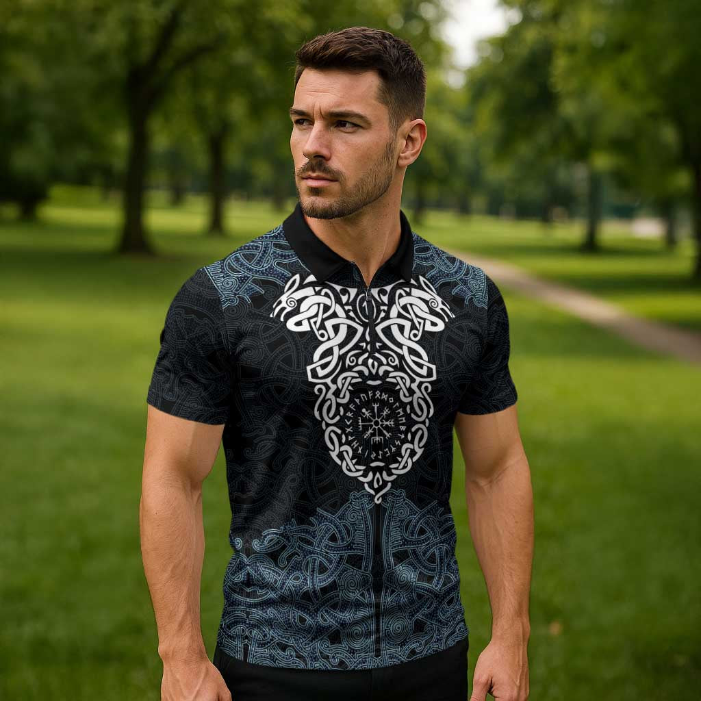 Viking Vegvisir Symbol Zipper Polo Shirt with Runes and Intricate Knotwork Norse Protection Tribute - Wonder Print Shop