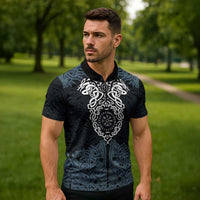 Viking Vegvisir Symbol Zipper Polo Shirt with Runes and Intricate Knotwork Norse Protection Tribute - Wonder Print Shop