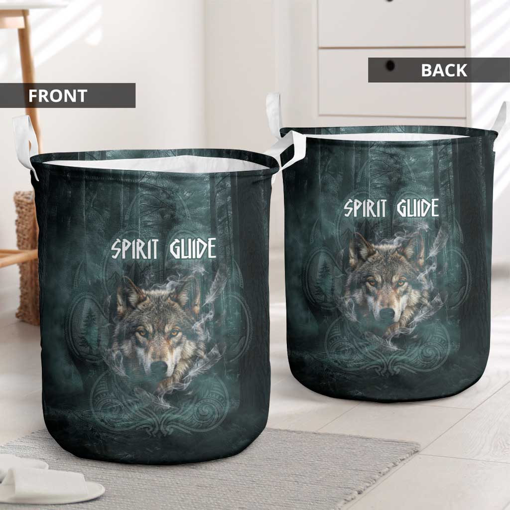 Spirit Guide Wolf Laundry Basket with Forest Background Tribal Paw Print with Nature Symbols Native American - Wonder Print Shop