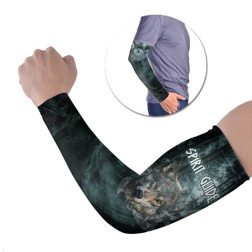 Spirit Guide Wolf Arm Sleeves with Forest Background Tribal Paw Print with Nature Symbols Native American - Wonder Print Shop