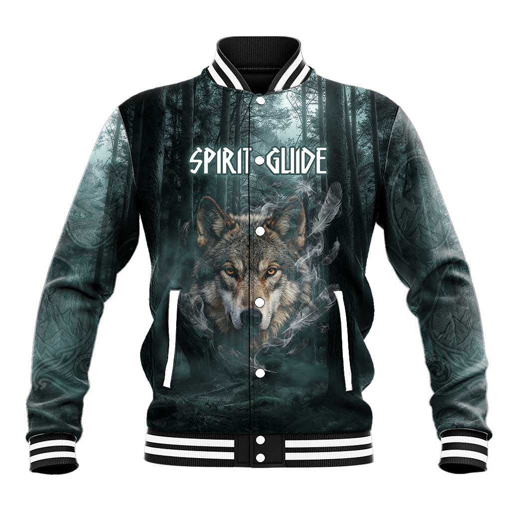 Spirit Guide Wolf Baseball Jacket with Forest Background Tribal Paw Print with Nature Symbols Native American - Wonder Print Shop