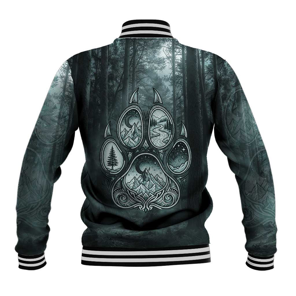 Spirit Guide Wolf Baseball Jacket with Forest Background Tribal Paw Print with Nature Symbols Native American - Wonder Print Shop