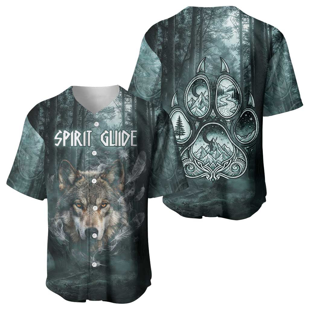 Spirit Guide Wolf Baseball Jersey with Forest Background Tribal Paw Print with Nature Symbols Native American - Wonder Print Shop