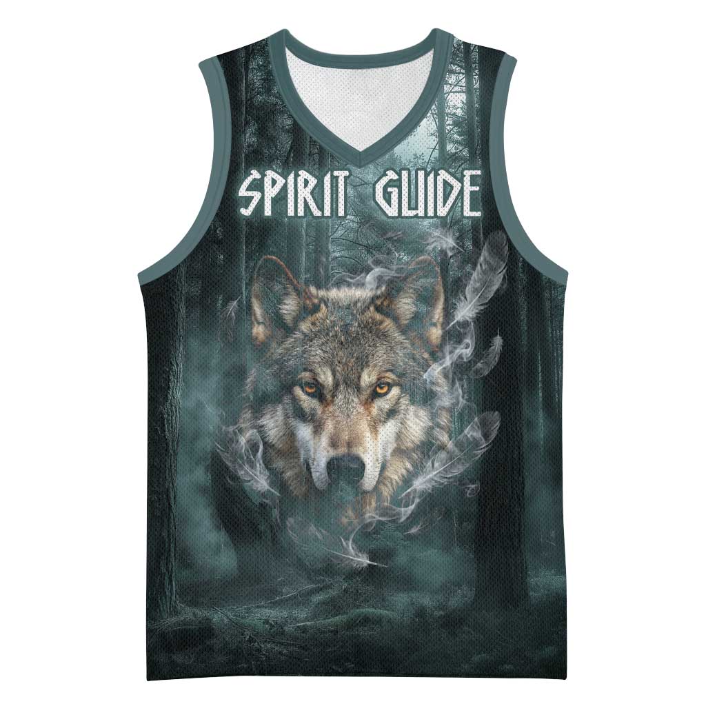Spirit Guide Wolf Basketball Jersey with Forest Background Tribal Paw Print with Nature Symbols Native American - Wonder Print Shop