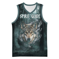 Spirit Guide Wolf Basketball Jersey with Forest Background Tribal Paw Print with Nature Symbols Native American - Wonder Print Shop