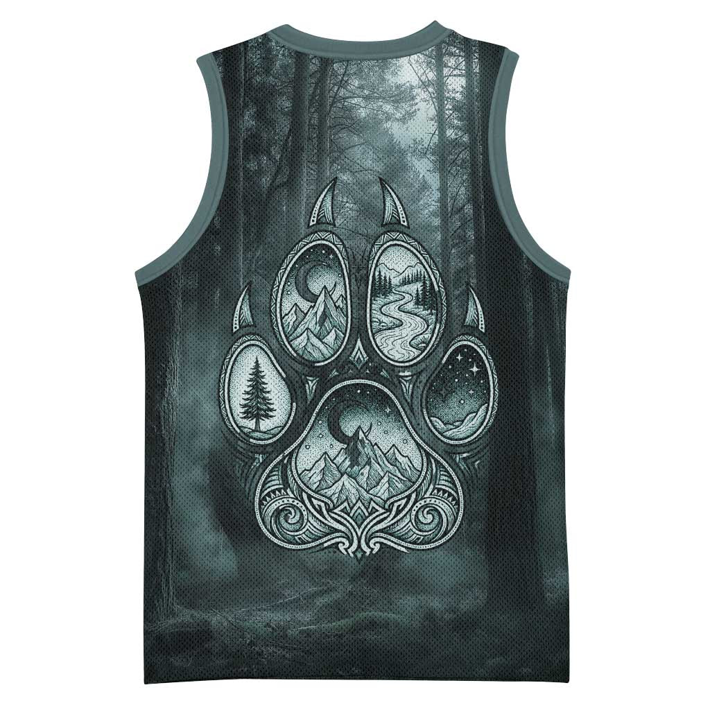 Spirit Guide Wolf Basketball Jersey with Forest Background Tribal Paw Print with Nature Symbols Native American - Wonder Print Shop