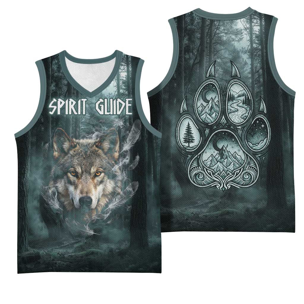 Spirit Guide Wolf Basketball Jersey with Forest Background Tribal Paw Print with Nature Symbols Native American - Wonder Print Shop