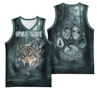 Spirit Guide Wolf Basketball Jersey with Forest Background Tribal Paw Print with Nature Symbols Native American - Wonder Print Shop
