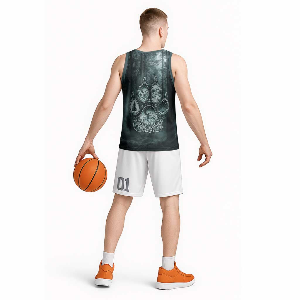Spirit Guide Wolf Basketball Jersey with Forest Background Tribal Paw Print with Nature Symbols Native American - Wonder Print Shop